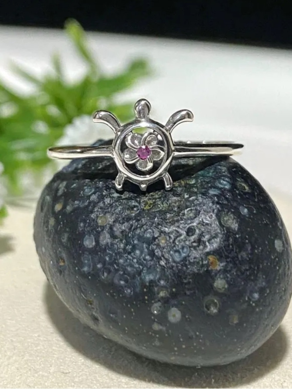 Sterling Silver Turtle Ring with Pink Gem